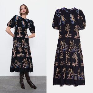 ZARA Black Smock Embroidered Midi Dress with Puff Sleeves — Size Small